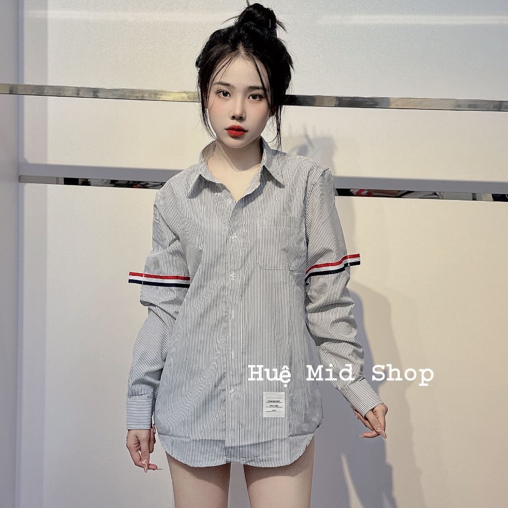 Áo sơ mi kẻ đen sọc hai tay thêu dải