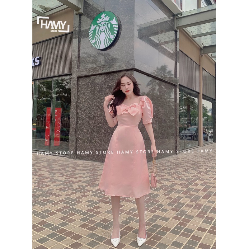 Đầm Có Tay Nhún Nơ Trước