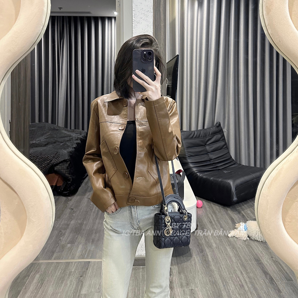 Áo da nữ THESSHEI thiết kế 5 cúc cài nổi bật phong cách thanh lịch sang trọng phong cách Hàn Quốc màu nâu 9610
