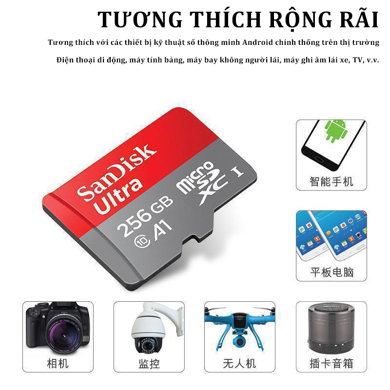 Thẻ nhớ SanDisk Micro 120MB/s 32GB/64GB/128GB Thẻ nhớ SD 256G cho điện thoại di động và máy tính