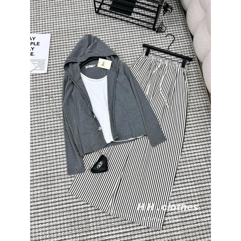 SET TĂM 3 MÓN ÁO KHOÁC XÁM QUẦN XUÔNG KẺ SỌC