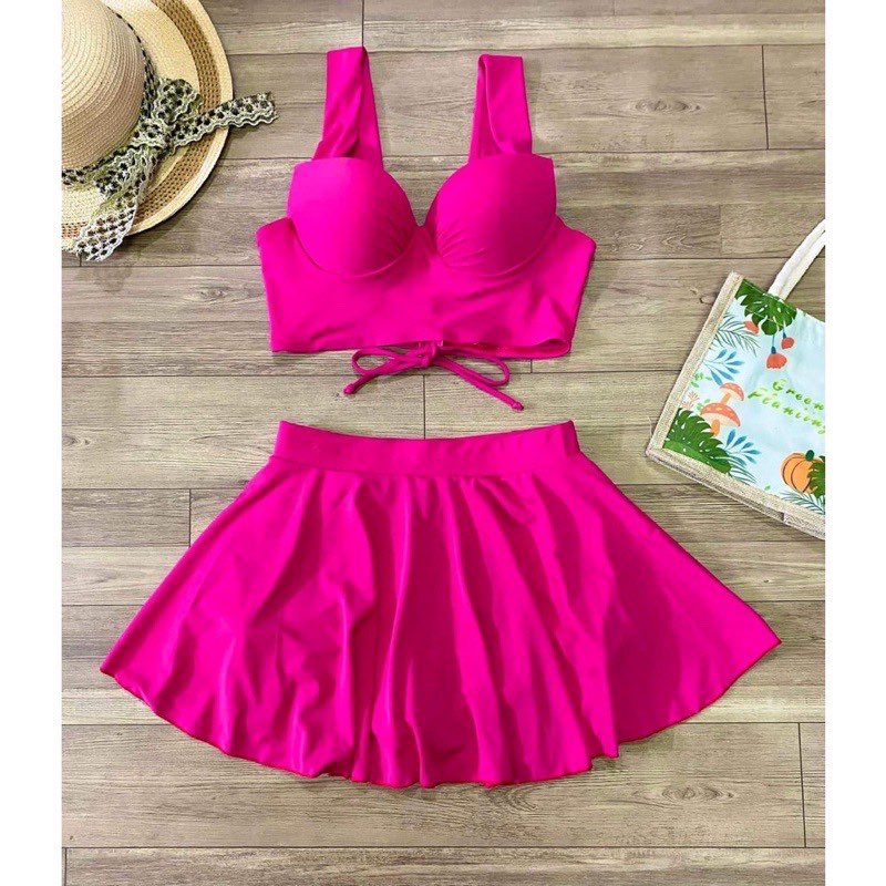 Bikini đi biển nữ bikini 2 mảnh kín đáo áo nâng ngực váy xòe lưng cao che bụng có quần đùi bên trong Xuka