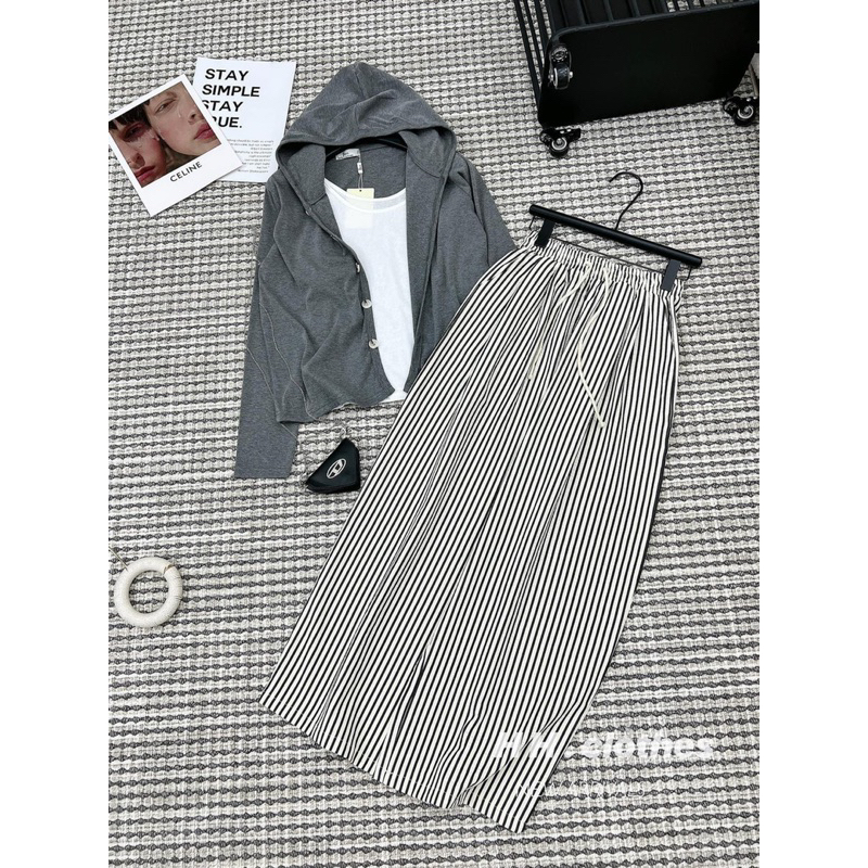 SET TĂM 3 MÓN ÁO KHOÁC XÁM QUẦN XUÔNG KẺ SỌC