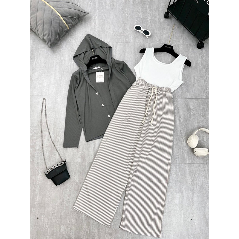 SET TĂM 3 MÓN ÁO KHOÁC XÁM QUẦN XUÔNG KẺ SỌC