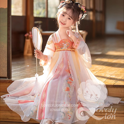 Hán phục công chúa màu trắng cam tay dài+tặng trâm cài