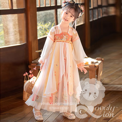 Hán phục công chúa màu trắng cam tay dài+tặng trâm cài