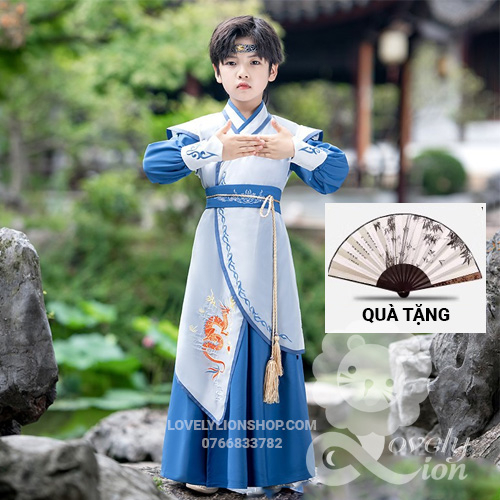Hán phục nam màu xanh cho bé + tặng quạt