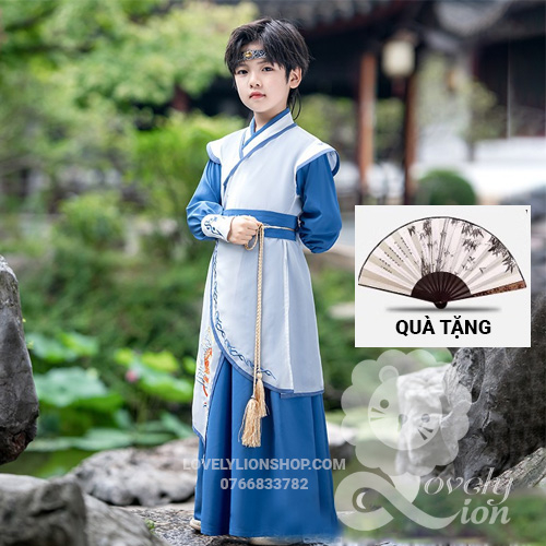 Hán phục nam màu xanh cho bé + tặng quạt