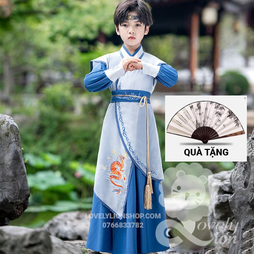 Hán phục nam màu xanh cho bé + tặng quạt
