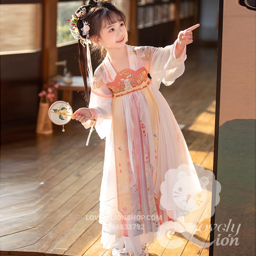 Hán phục công chúa màu trắng cam tay dài+tặng trâm cài