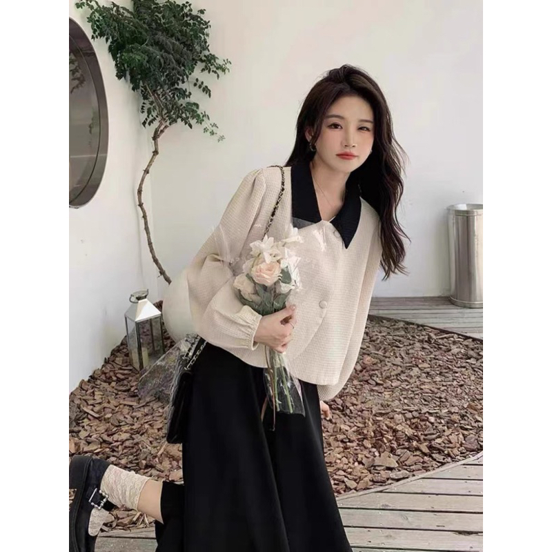 Set Quảng châu loại 1 áo tiểu thư tay bồng mix chân váy xoè dài phong cách retro hottrend xinh xỉu