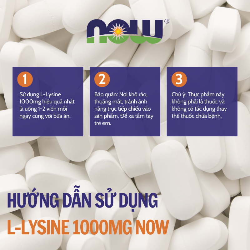 Viên uống tăng sinh collagen Now L-Lysine 500mg/L-Lysine 1000mg giúp giảm mụn đẹp da 100 viên