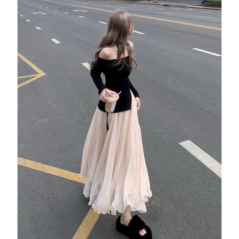 Set áo len trễ vai kèm chân váy 3 lớp lấp lánh