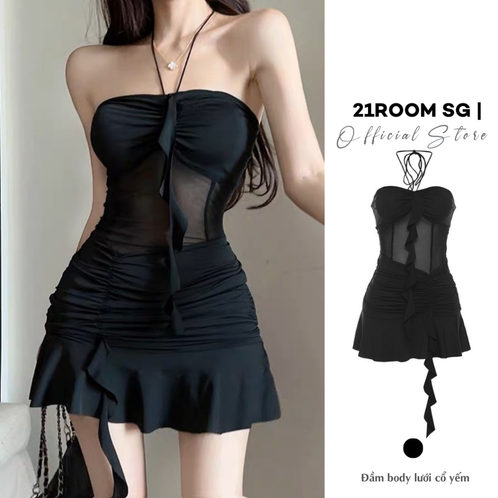 D84 Đầm Body Lưới 21ROOM Cổ Yếm Rút Hông Sexy Quyến Rũ Thời Trang Nữ Đi Tiệc Đi Chơi Đi Quẩy