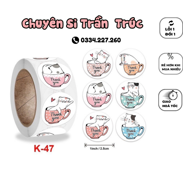 Cuộn 500 tem mèo ngồi trên cốc cute 2.5cm, sticker, tem thank you, tem dán chai nhựa, hủ nhựa