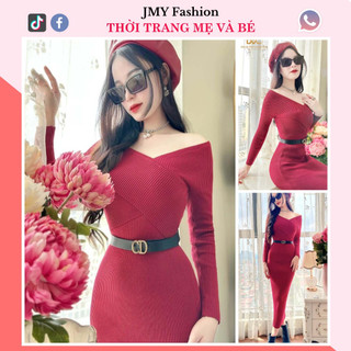 MV957, V2217 Váy đầm len đỏ body trễ vai sang chảnh [Dolce Viva Colection (DVC)] váy len trễ vai body dài (tặng kèm đai)