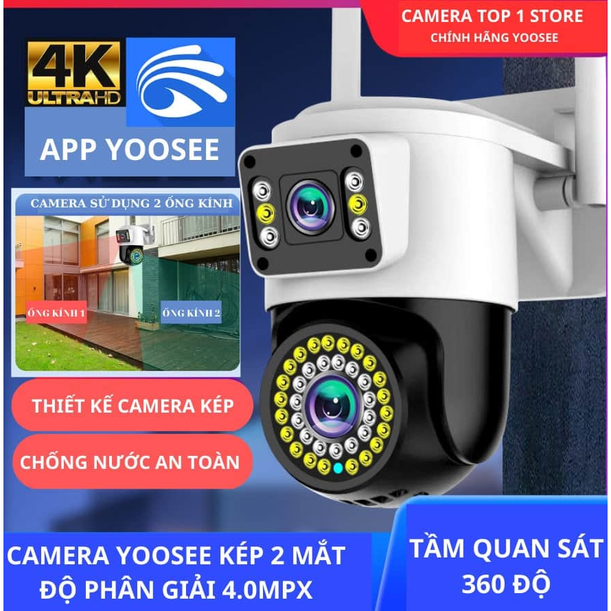 Camera yoosee wifi ngoài trời 2 mắt 8.0MP | 5.0MP (4K) ban đêm có màu, còi báo động không góc chết