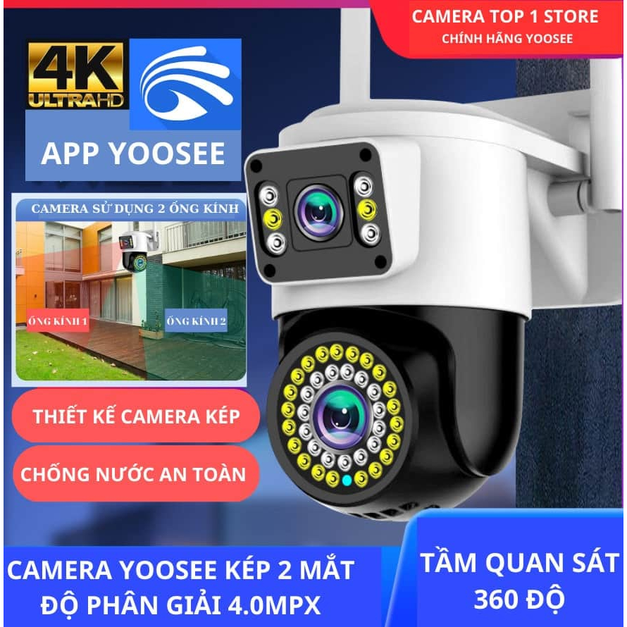 Camera yoosee wifi ngoài trời 2 mắt 8.0MP | 5.0MP  ban đêm có màu, còi báo động không góc chết