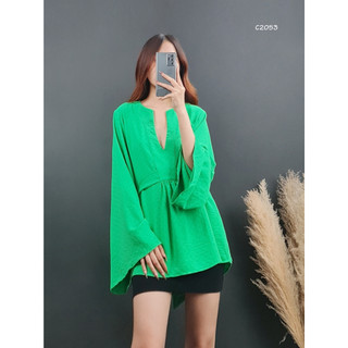 C2053 - 	áo cổ chìa khóa, tay dài, cột nơ, chỉ kiểu