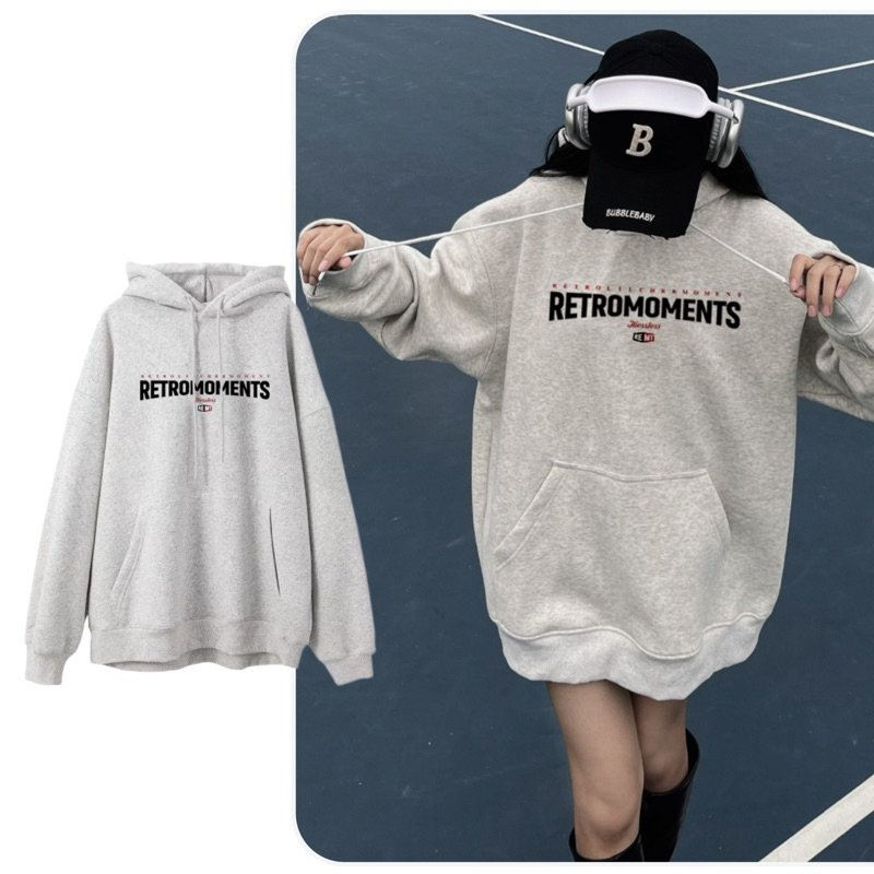 Áo Hoodie Nỉ In Chữ RETROMOMENTS Form Rộng Mũ Trùm Vải Nỉ Cotton Cao Cấp