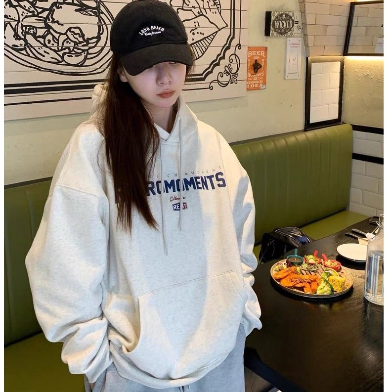 Áo Hoodie Nỉ In Chữ RETROMOMENTS Form Rộng Mũ Trùm Vải Nỉ Cotton Cao Cấp