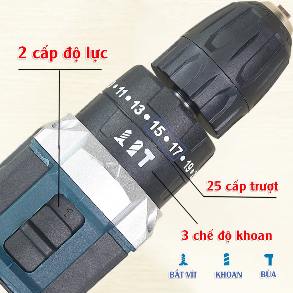 Máy khoan pin KADUSUN, 3 chức năng khoan tường, Bắn vit, Mở bulong- Tặng kèm 24 chi tiết gồm các mũi khoan + Mũi bắt vít