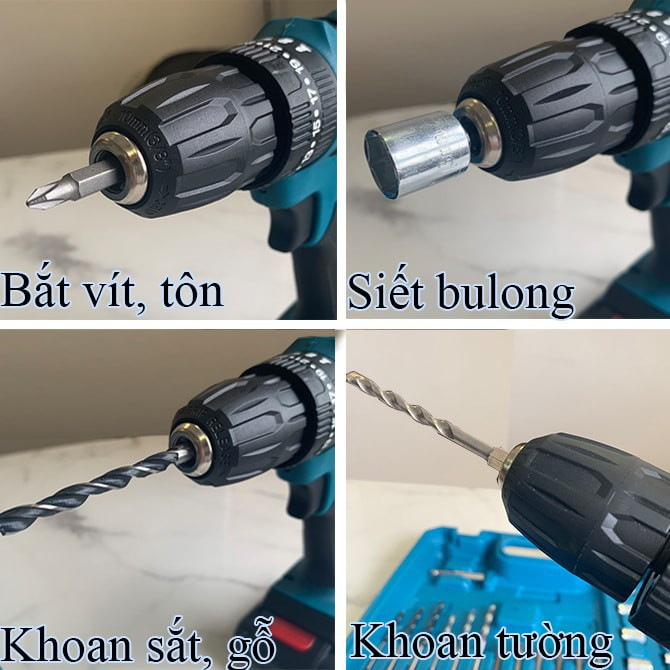 Máy khoan pin KADUSUN, 3 chức năng khoan tường, Bắn vit, Mở bulong- Tặng kèm 24 chi tiết gồm các mũi khoan + Mũi bắt vít