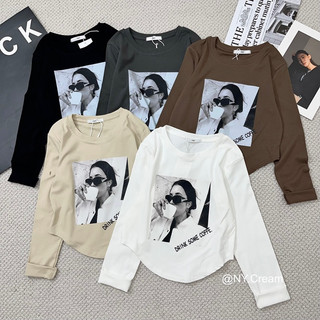 Áo thun nữ cổ tròn dài tay dáng croptop đuôi tôm fom vừa in hình cô gái Hàng Od ib trước ạ