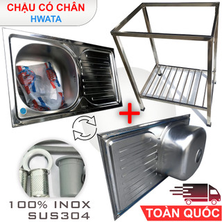 Bộ chậu rửa chén bát hwata inox sus304 có chân kèm xi phông - chậu chính hãng 1 hộc và 1 hộc có bàn nhiều kích thước
