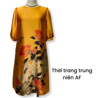 Đầm trung niên dáng suông giấu bụng, Đầm lụa thiết kế tặng Mẹ có bigsize
