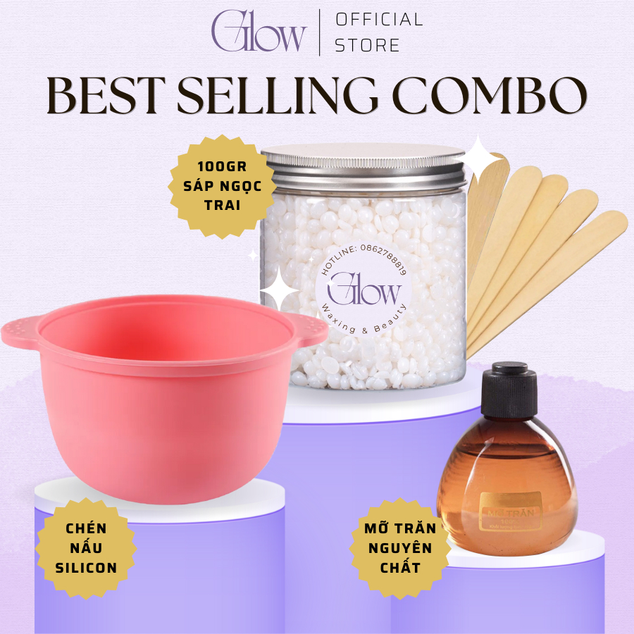 Combo 100gr Sáp Wax Lông Ngọc Trai + Mỡ Trăn Nstore + Chén Silicone Nấu Sáp Wax Lông Chống Dính GLOW WAXING Tặng Que