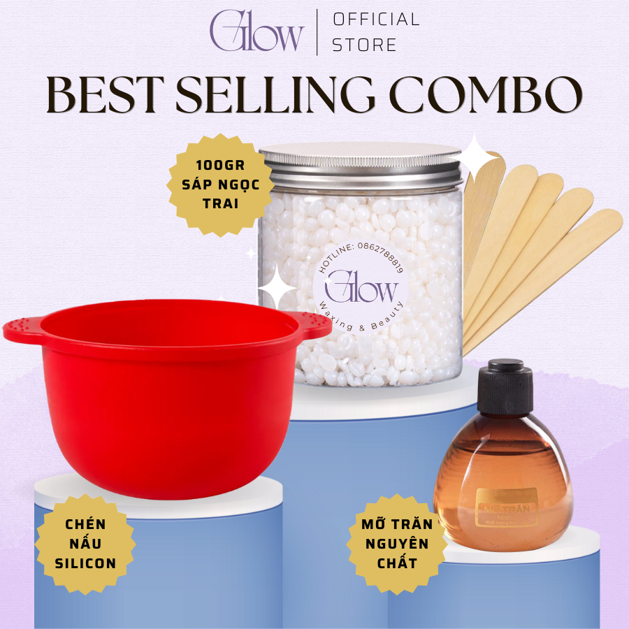 Combo 100gr Sáp Wax Lông Ngọc Trai + Mỡ Trăn Nstore + Chén Silicone Nấu Sáp Wax Lông Chống Dính GLOW WAXING Tặng Que