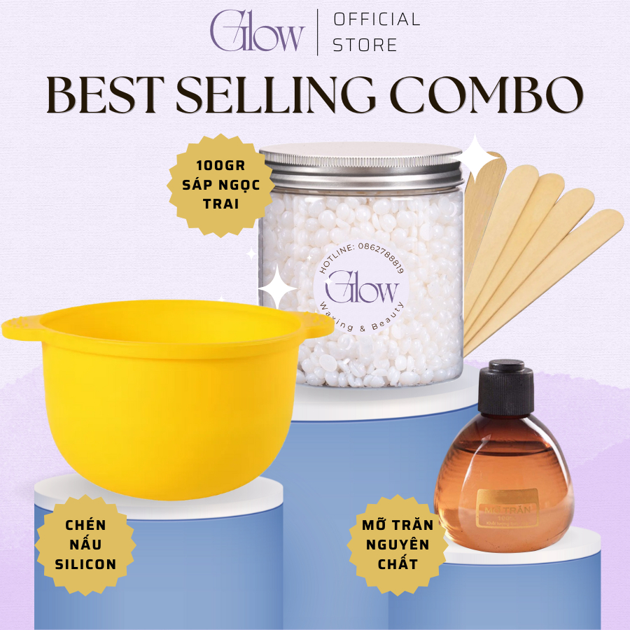 Combo 100gr Sáp Wax Lông Ngọc Trai + Mỡ Trăn Nstore + Chén Silicone Nấu Sáp Wax Lông Chống Dính GLOW WAXING Tặng Que