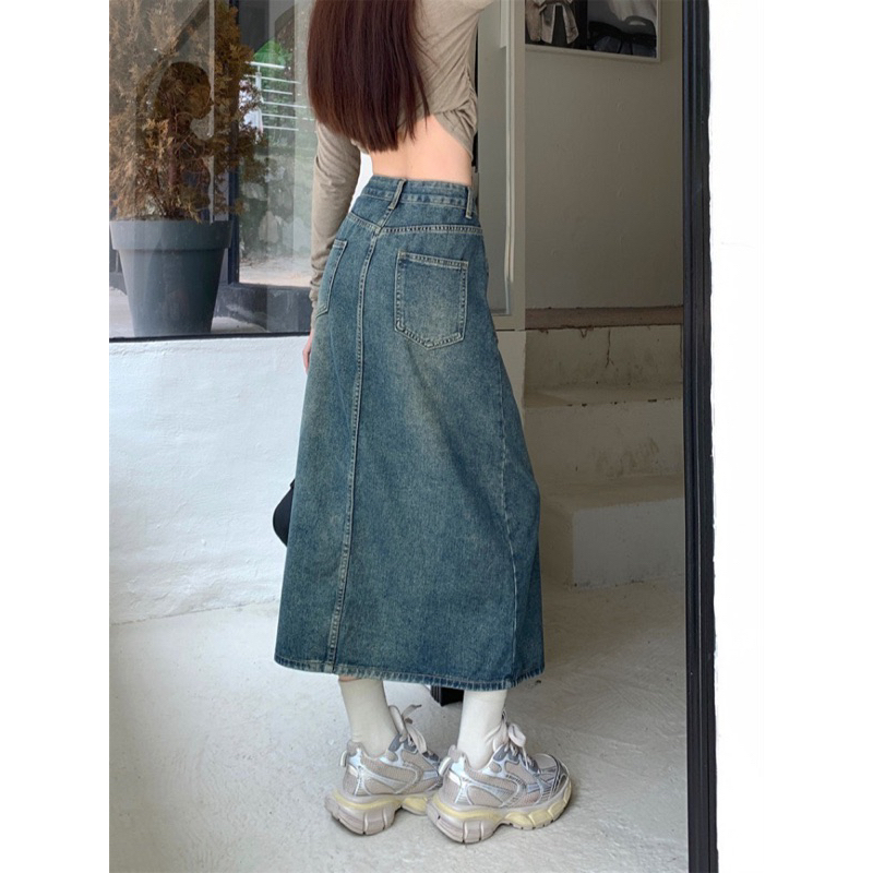 CHÂN VÁY XANH JEAN HAI TÚI XẺ TRƯỚC DÁNG DÀI