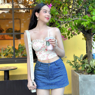 Thebaeuneed - áo corset cúp ngực ren thêu hoa nữ tính, có khoá kéo phía sau | rosie top