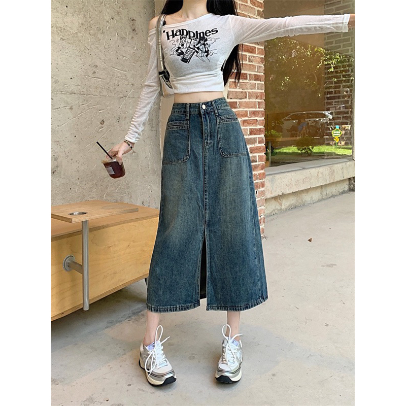 CHÂN VÁY XANH JEAN HAI TÚI XẺ TRƯỚC DÁNG DÀI