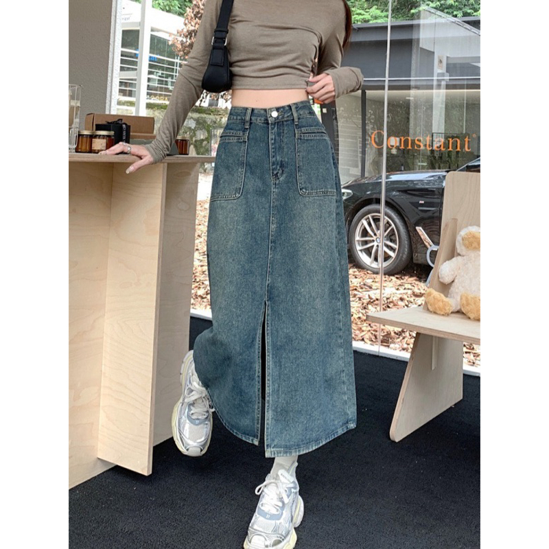 CHÂN VÁY XANH JEAN HAI TÚI XẺ TRƯỚC DÁNG DÀI