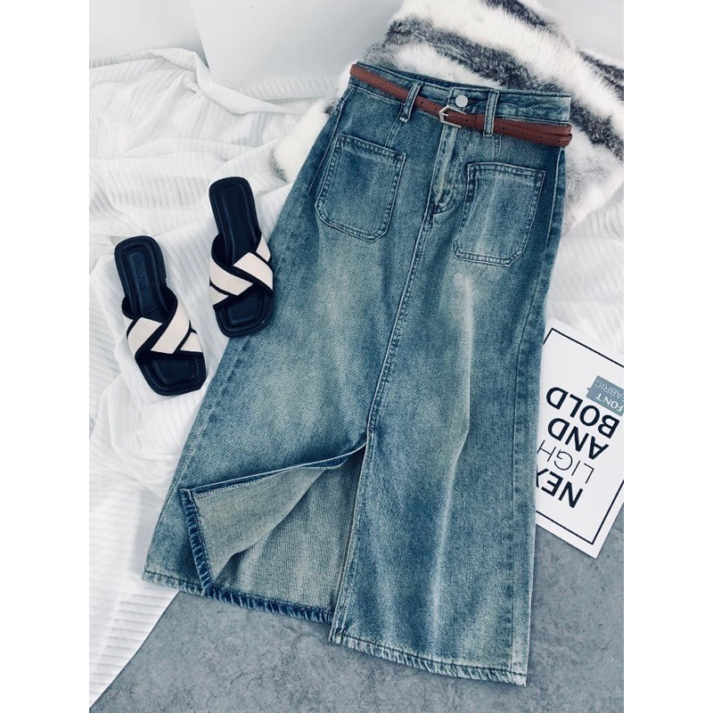 CHÂN VÁY XANH JEAN HAI TÚI XẺ TRƯỚC DÁNG DÀI