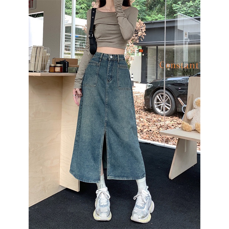 CHÂN VÁY XANH JEAN HAI TÚI XẺ TRƯỚC DÁNG DÀI