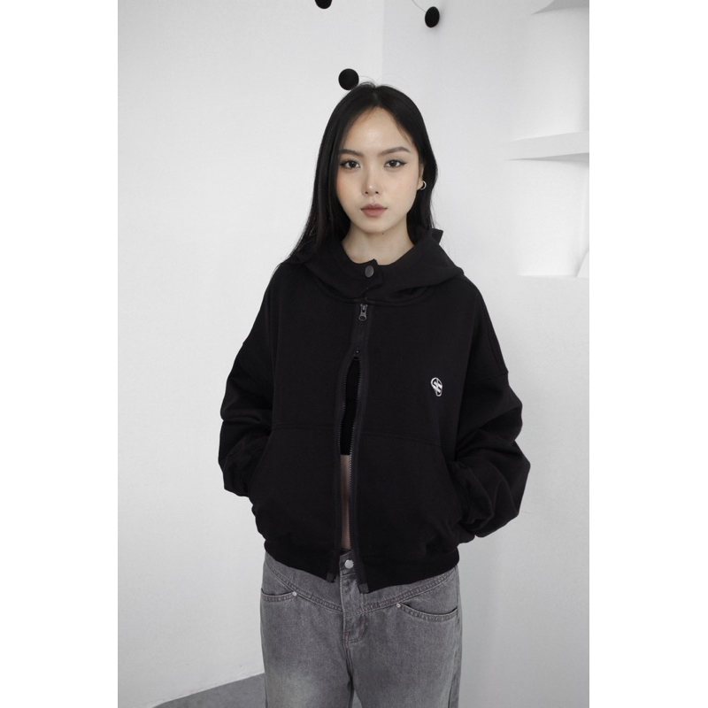 Hoodie Zip Boxy TWENTI Nỉ Chân Cua Khóa Kéo 2 Đầu