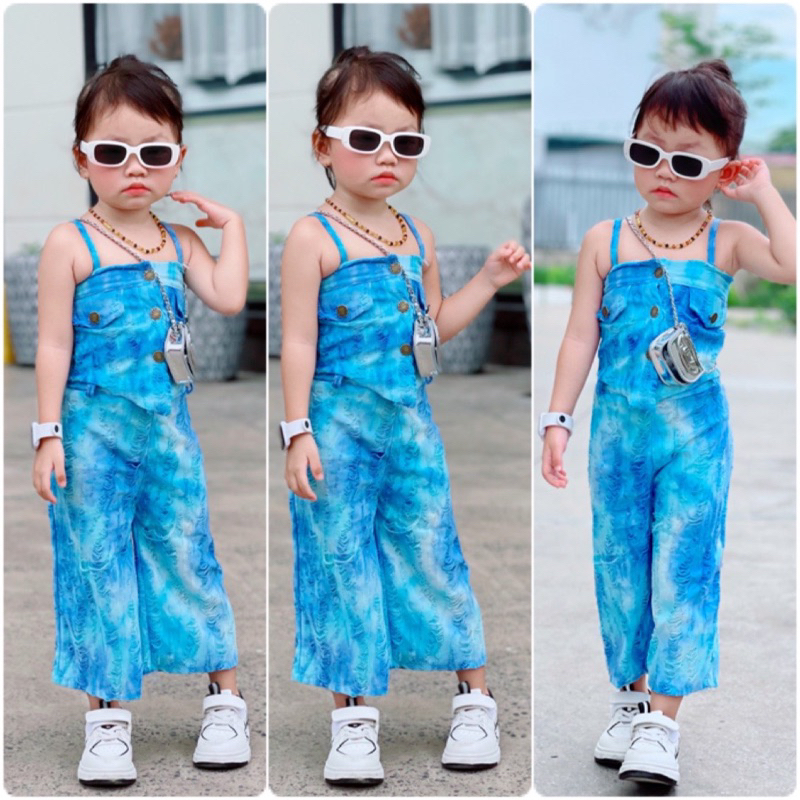Set Áo Dây Phối Quần Ống Rộng Hoạ Tiết Thời Trang Bé Gái