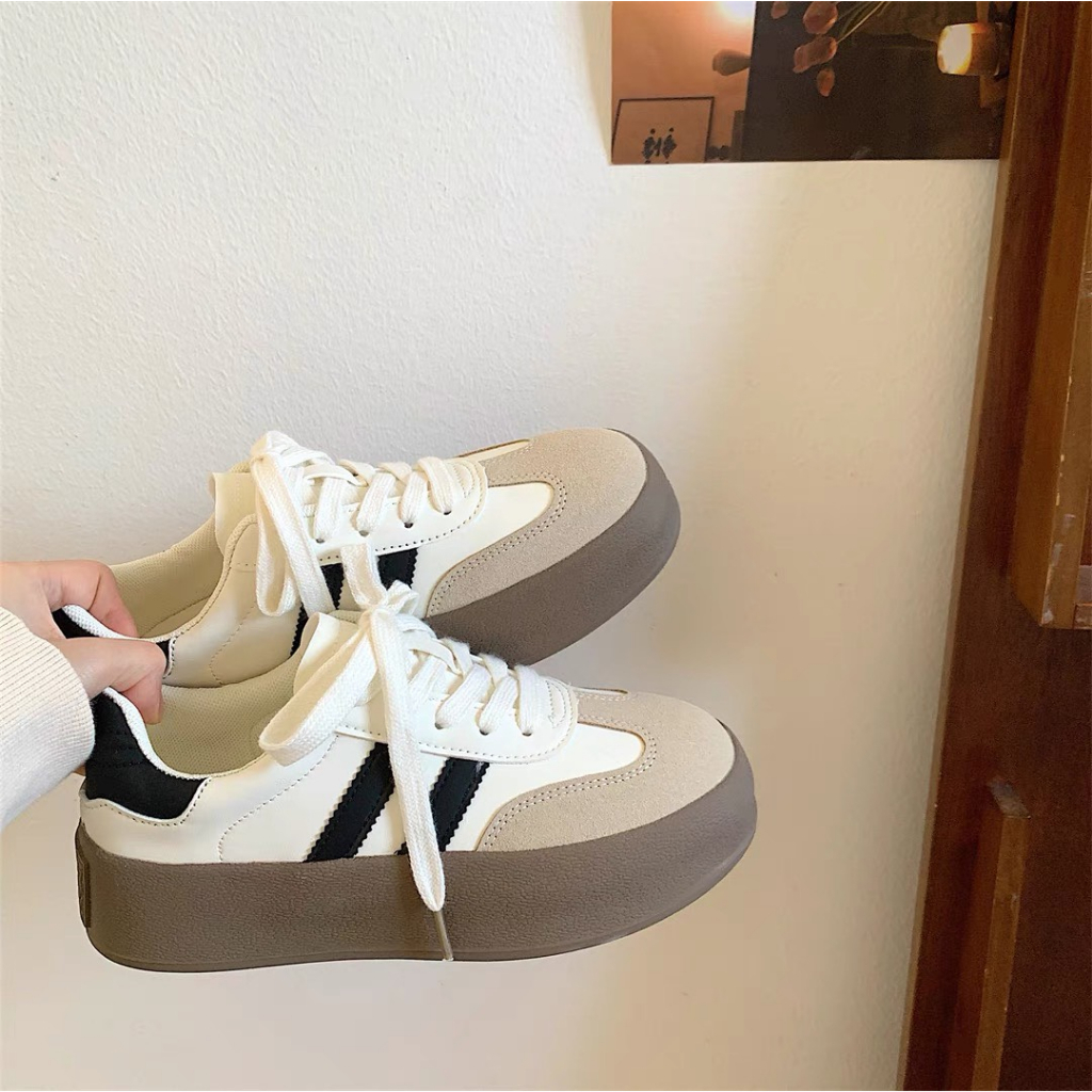 Giày thể thao nữ đế bằng độn 4cm, Giày canvas nữ kiểu adidas sọc tăng chiều cao bản đẹp full size full box