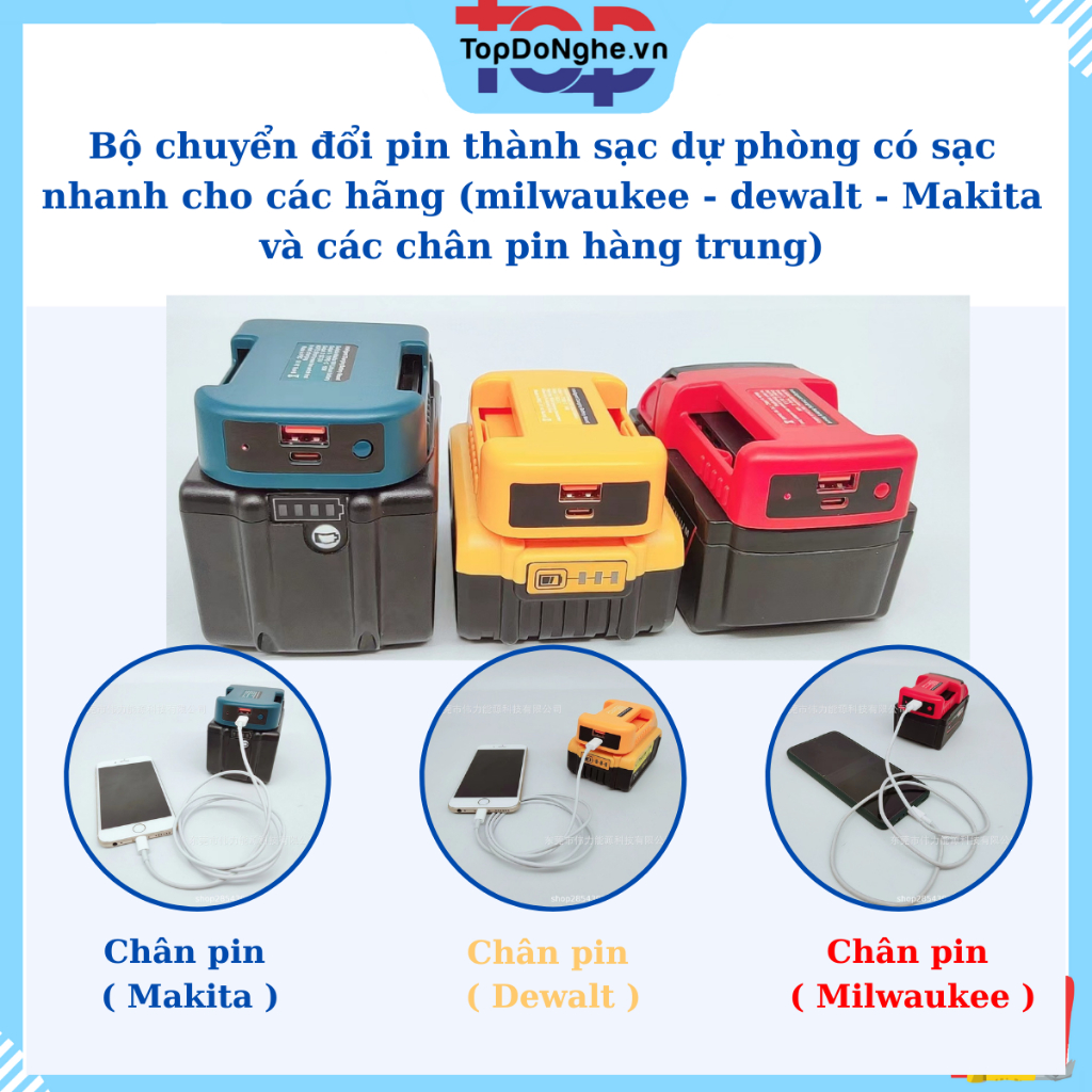 Bộ chuyển đổi pin thành sạc dự phòng có sạc nhanh cho các hãng (milwaukee - dewalt - Makita và các chân pin hàng trung)