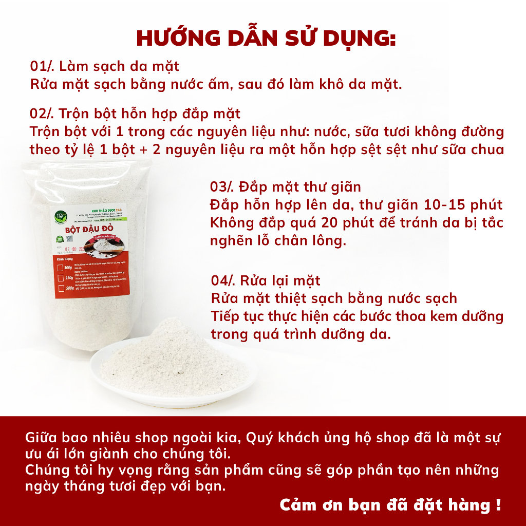 Bột Đậu Đỏ Nguyên Chất dùng đắp mặt nạ ngăn ngừa mụn, dưỡng da trắng mịn 250gr/500gr