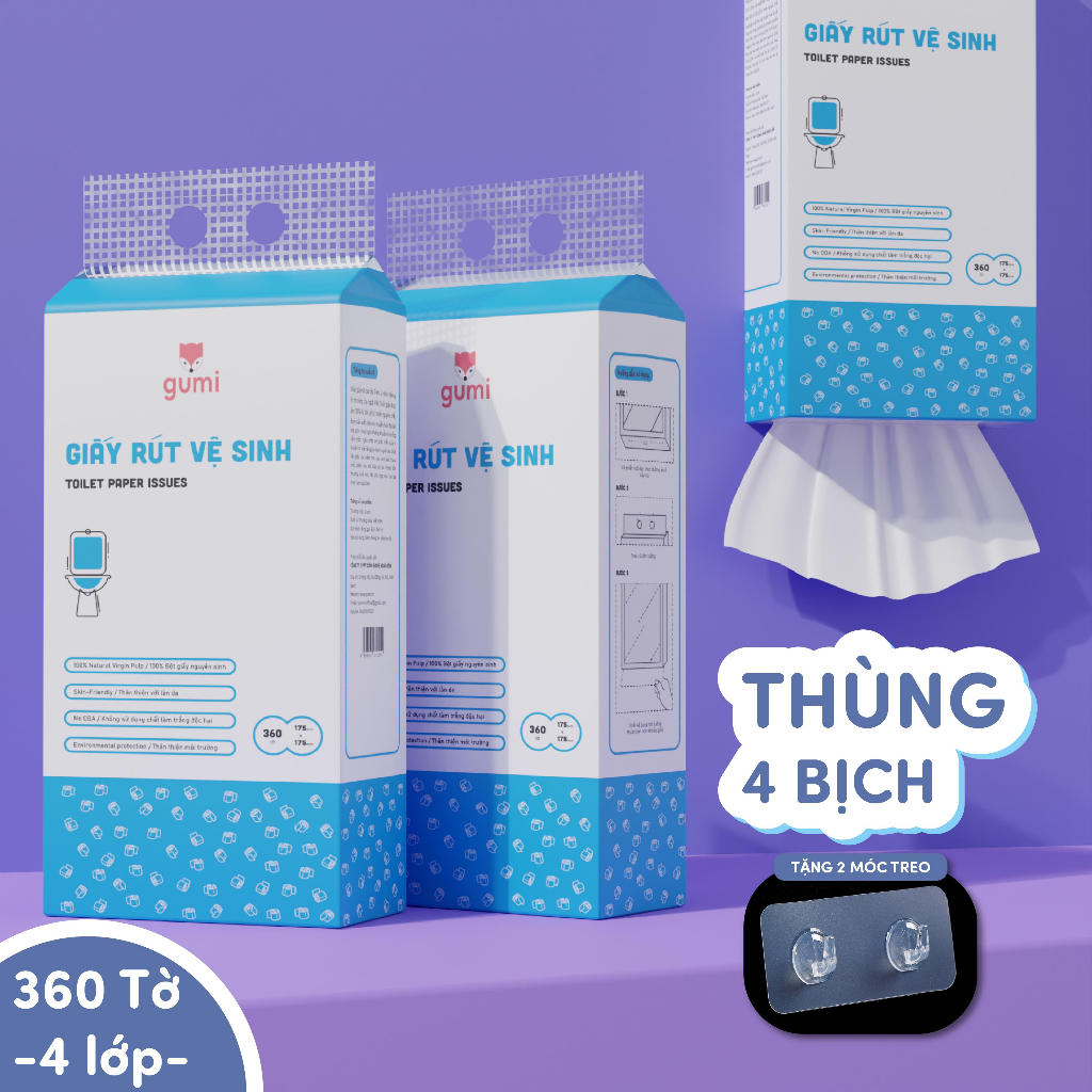 THÙNG 4 TÚI GIẤY VỆ SINH TREO TƯỜNG 360 TỜ GIẤY 3 LỚP TIỆN LỢI BỘT GỖ