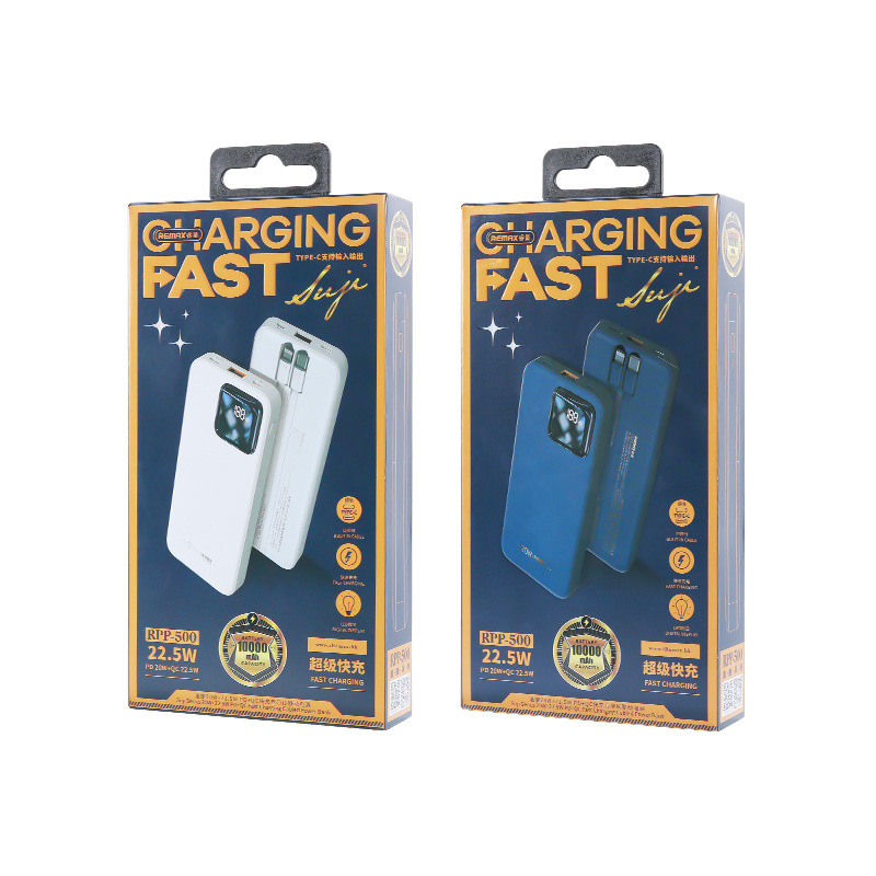 Pin dự phòng sạc nhanh Remax RPP-500 Suji Series 10000mAh tích hợp 2 cáp sạc - hỗ trợ QC 22.5W và PD 20W