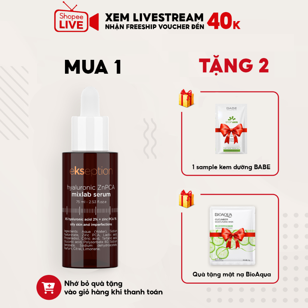 Serum Ekseption Hyaluronic ZnPCA, HA + 1% ZnPCA căng bóng, giảm mụn, kiềm dầu 75ml