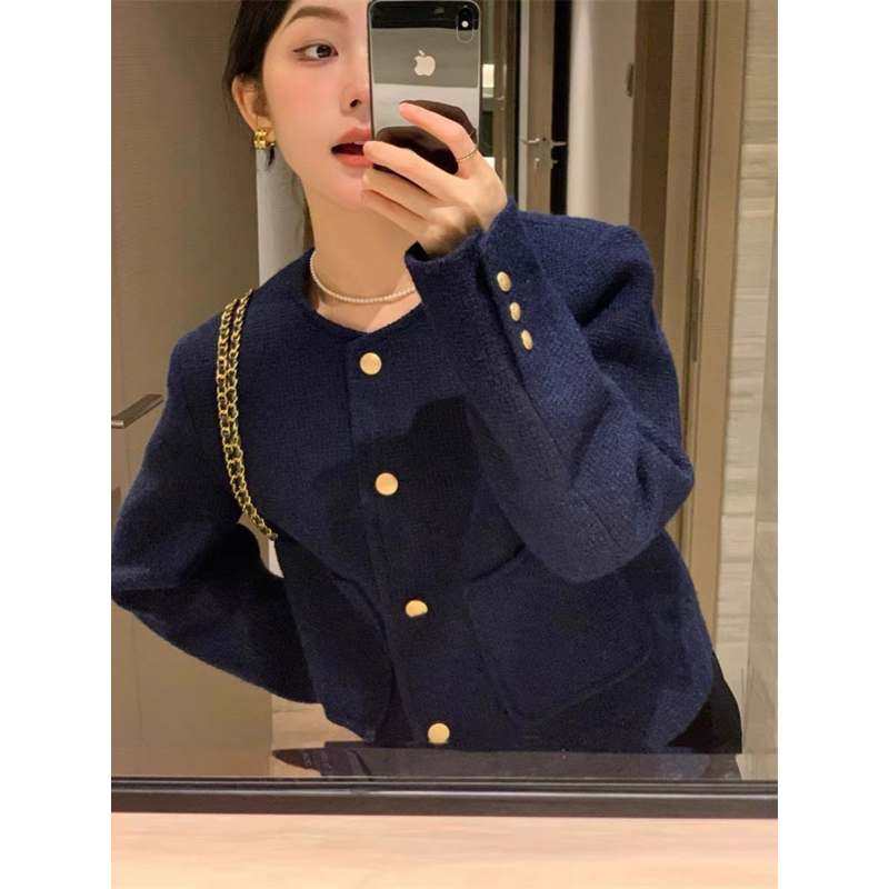 - Áo khoác dạ Tweed màu xanh navy phong cách Retro hàng đẹp Mới 2023