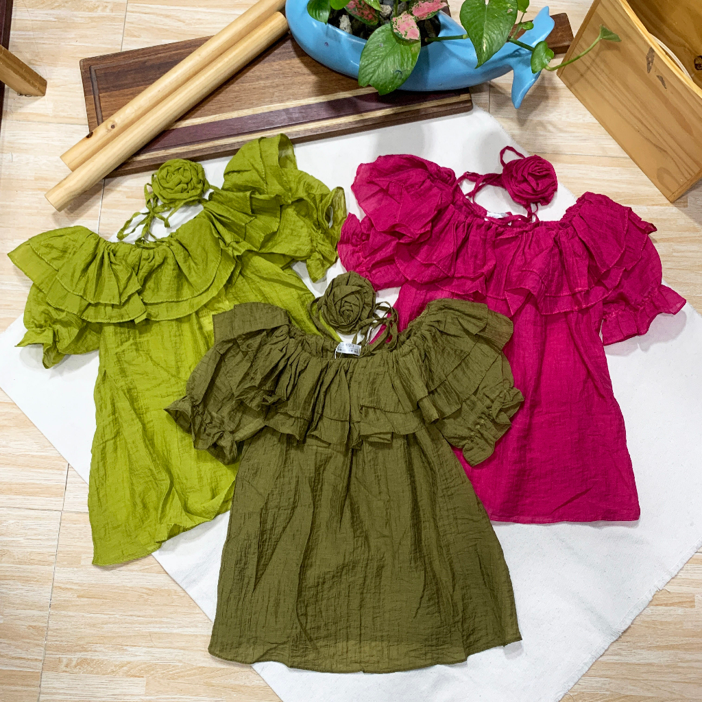 Áo Sơ Mi Voan Trễ Vai Chun Thun Tay Búp Phối Choker Hoa Siêu Gợi Cảm Ulzzang Hồng Nhi Store