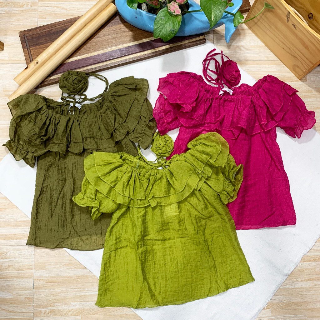 Áo Sơ Mi Voan Trễ Vai Chun Thun Tay Búp Phối Choker Hoa Siêu Gợi Cảm Ulzzang Hồng Nhi Store